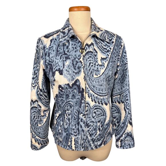 St. John Sport Women's Medium P Made in USA Cotton Blue Paisley Full Zip Jacket - Picture 1 of 12